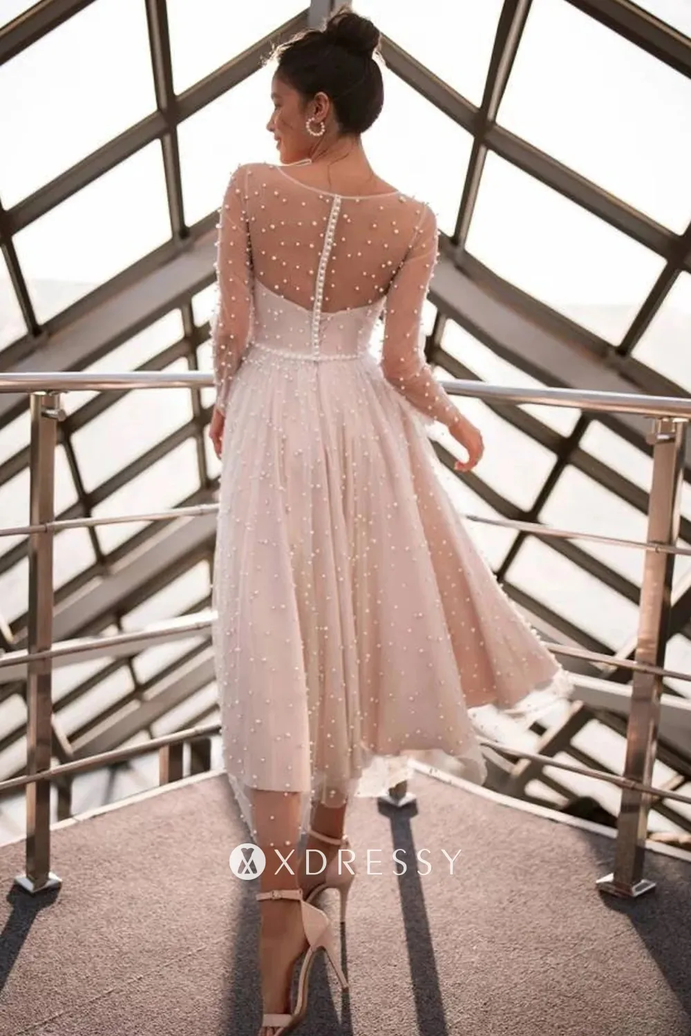 pearls design long sleeve illusion back pink reception dress