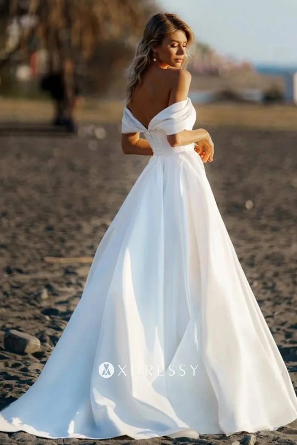 ivory satin off the shoulder low back summer beach bridal dress ivory satin off the shoulder low back summer beach bridal dress