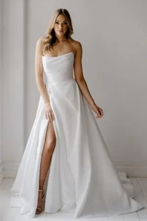 simple satin strapless a line slit chic bridal dress