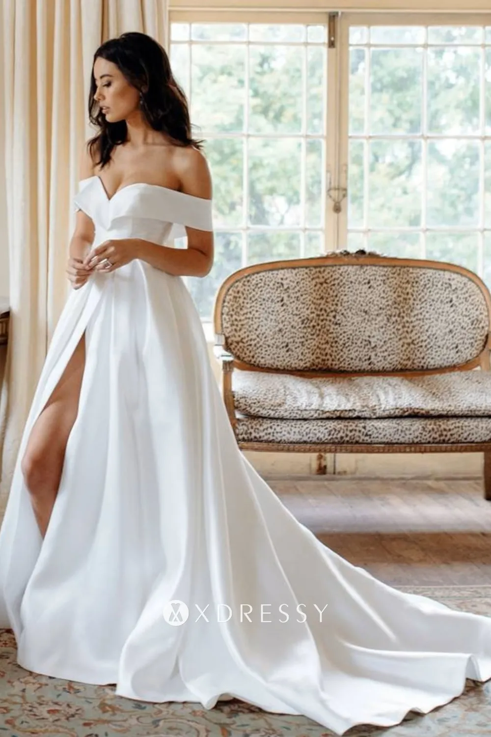 modern off the shoulder ivory satin slit wedding dress modern off the shoulder ivory satin slit wedding dress