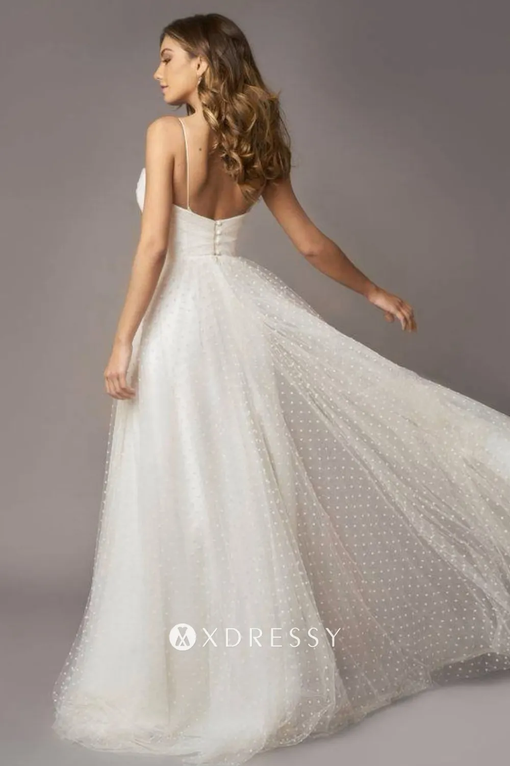 cute polka dot tulle spaghetti straps low back long wedding dress cute polka dot tulle spaghetti straps low back long wedding dress