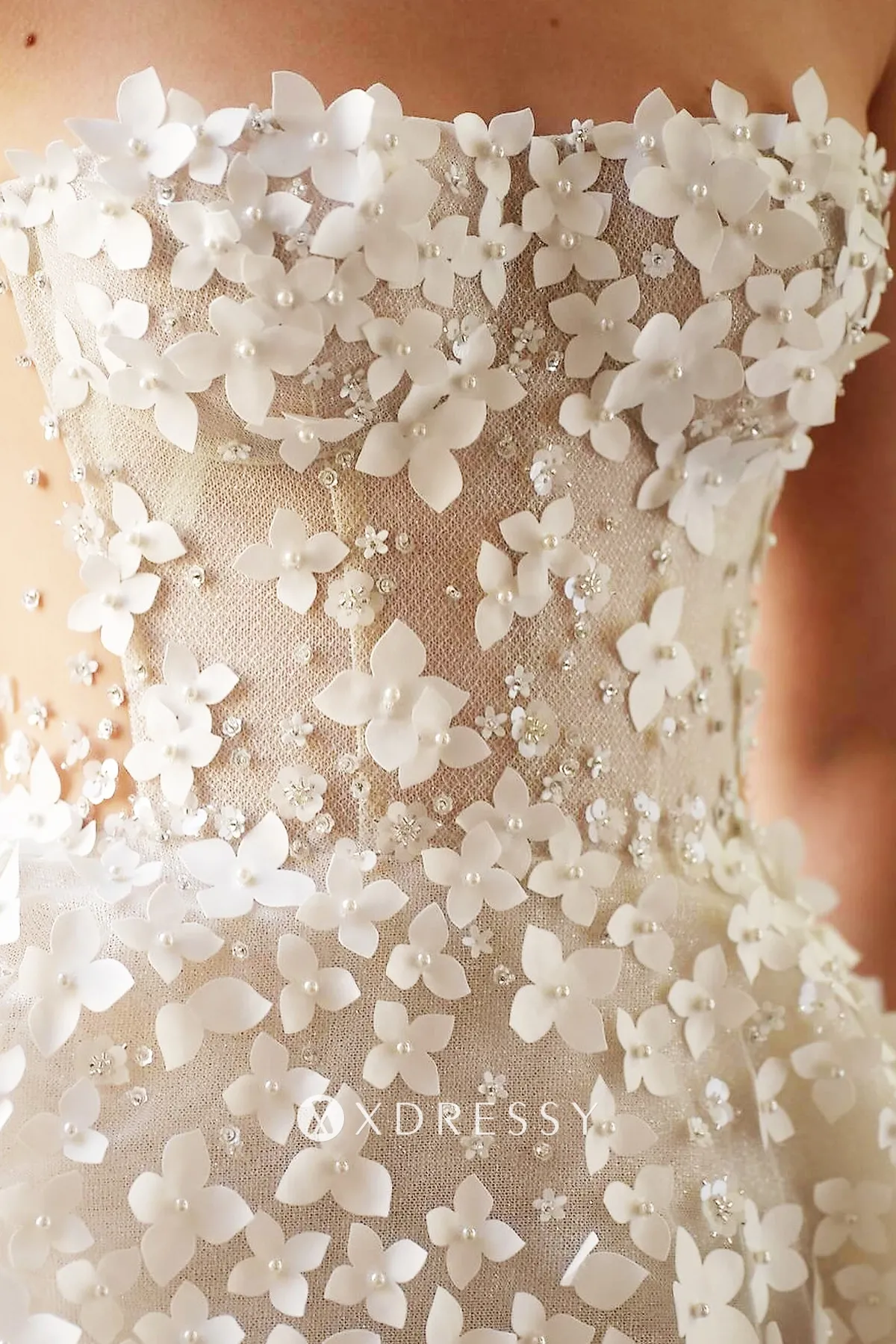 pearled 3d flower lace princess wedding dress