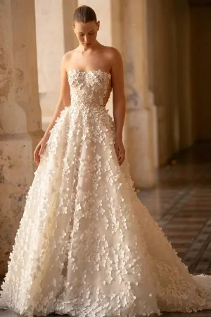 pearled 3d flower lace strapless princess wedding dress