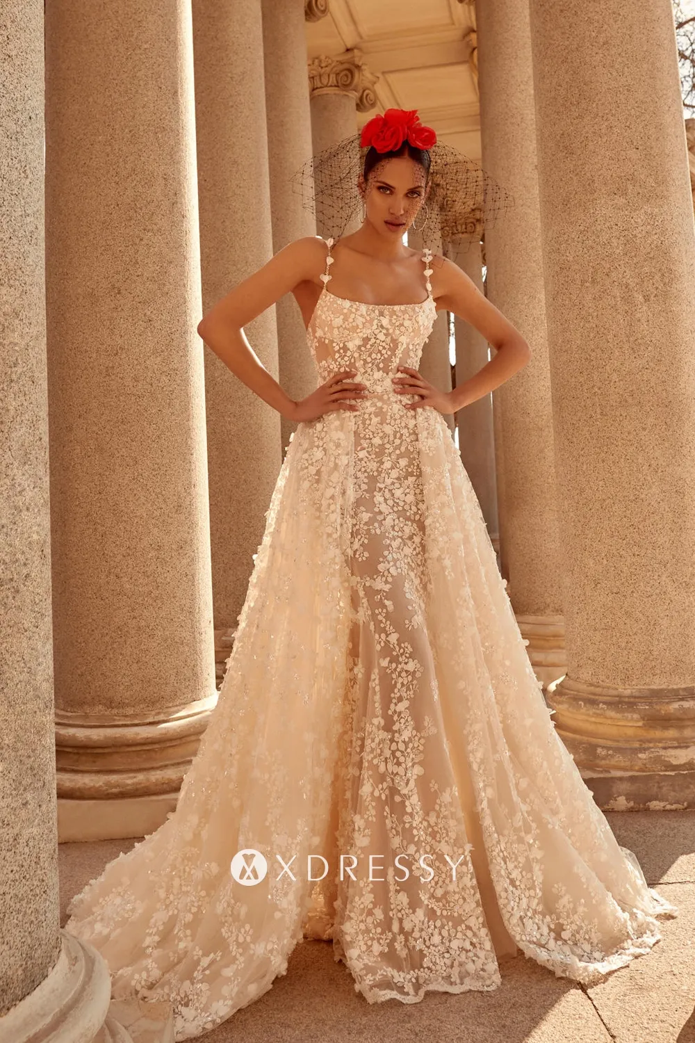 sequinned 3d flower lace wedding gown with overskirt sequinned 3d flower lace wedding gown with overskirt