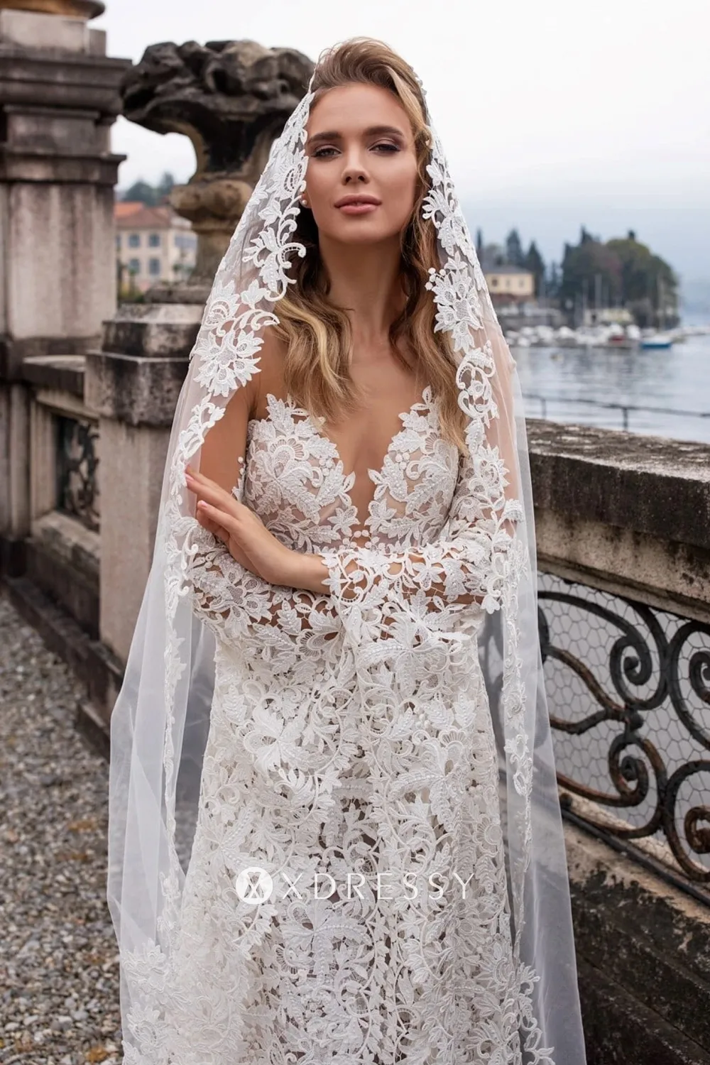 boho floral lace plunging wedding dress with veil