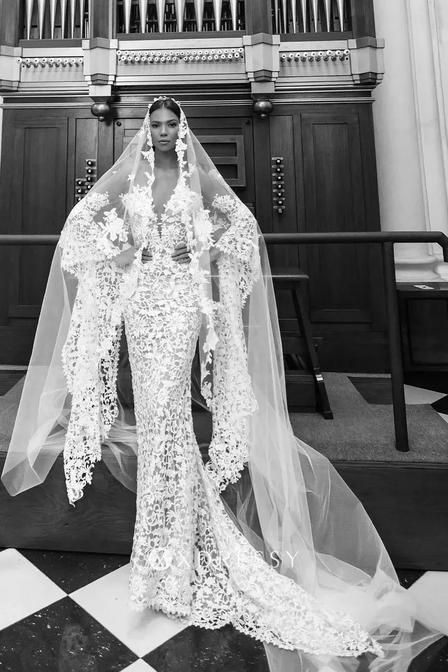 floral lace bell sleeve wedding dress with tulle veil