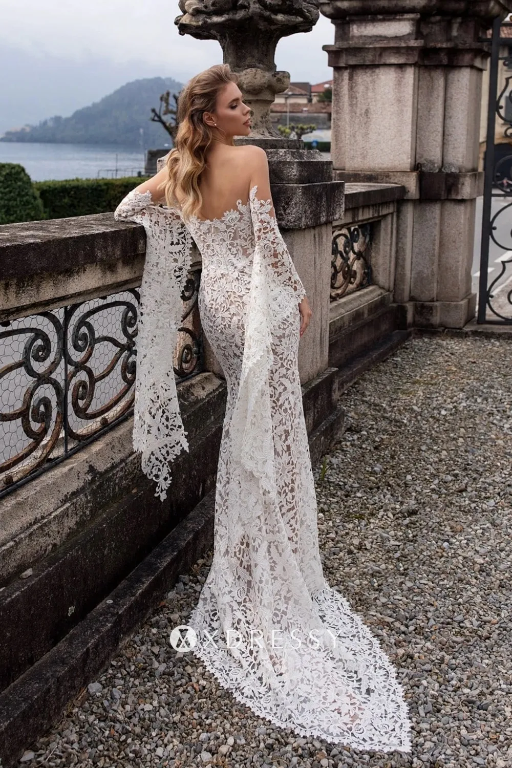 floral lace off shoulder bell sleeve wedding dress