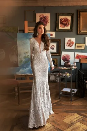 long sleeve plunging patterned lace spring bridal dress