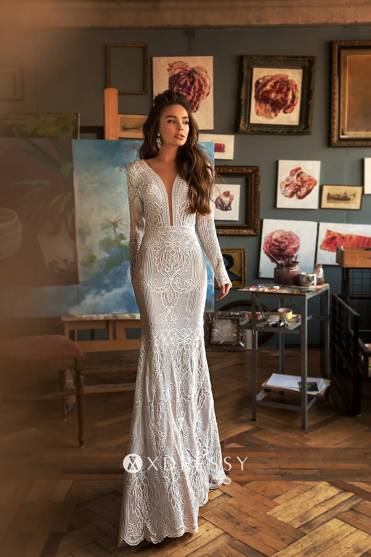 long sleeve plunging patterned lace spring bridal dress long sleeve plunging patterned lace spring bridal dress