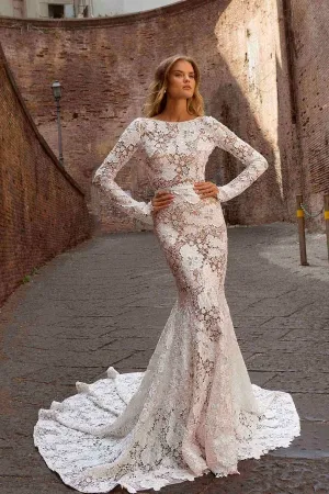 romantic sheer floral lace long sleeve wedding dress