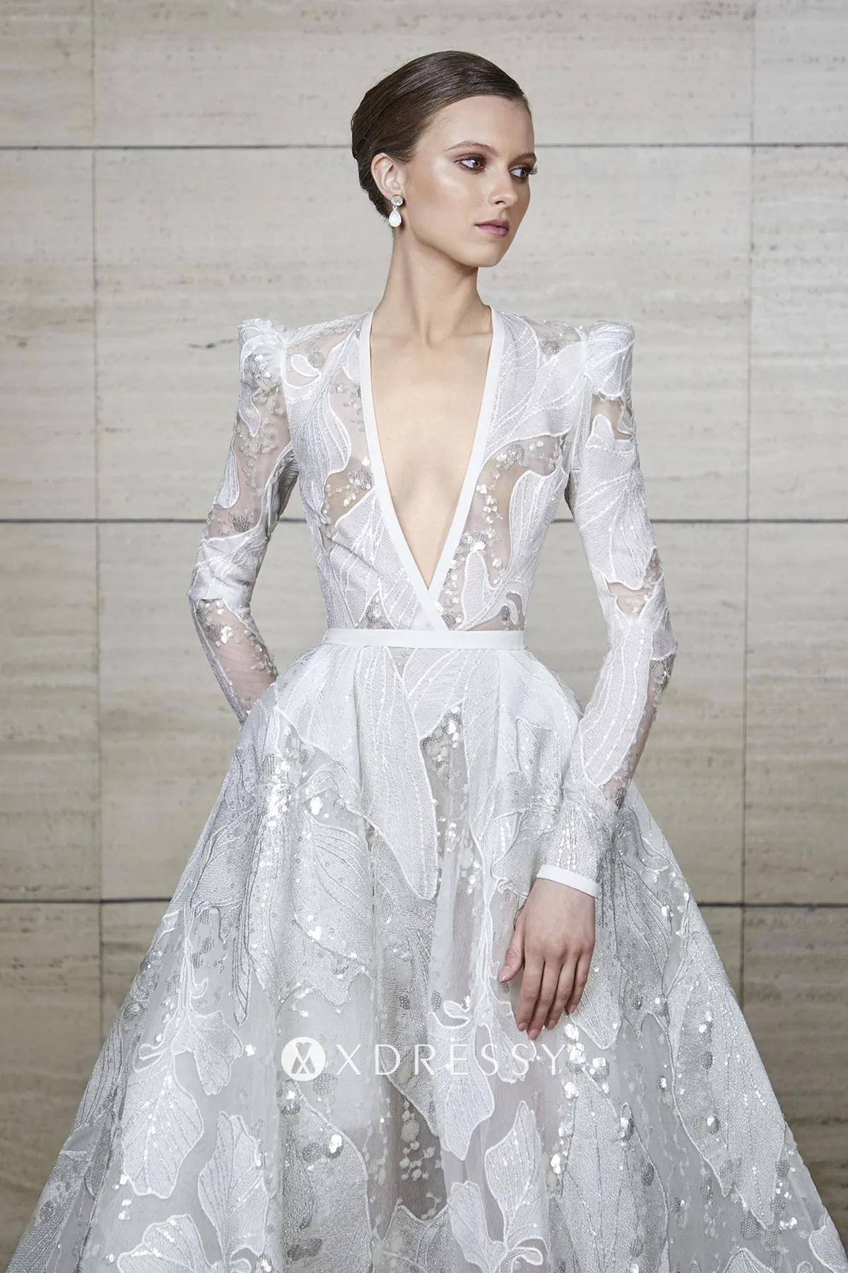sequinned big flower lace designer wedding dress