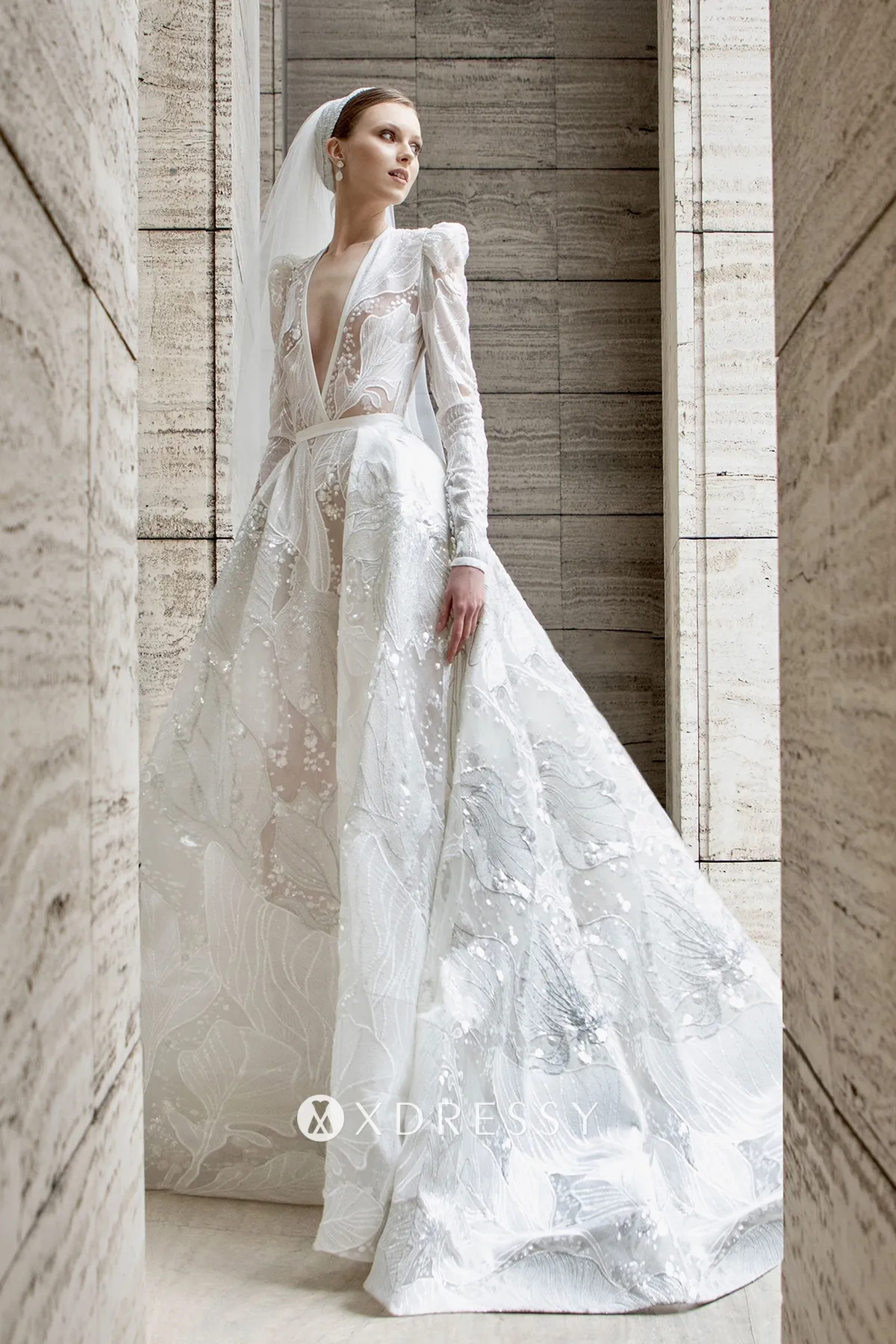 sequinned big flower lace plunging v neck wedding dress