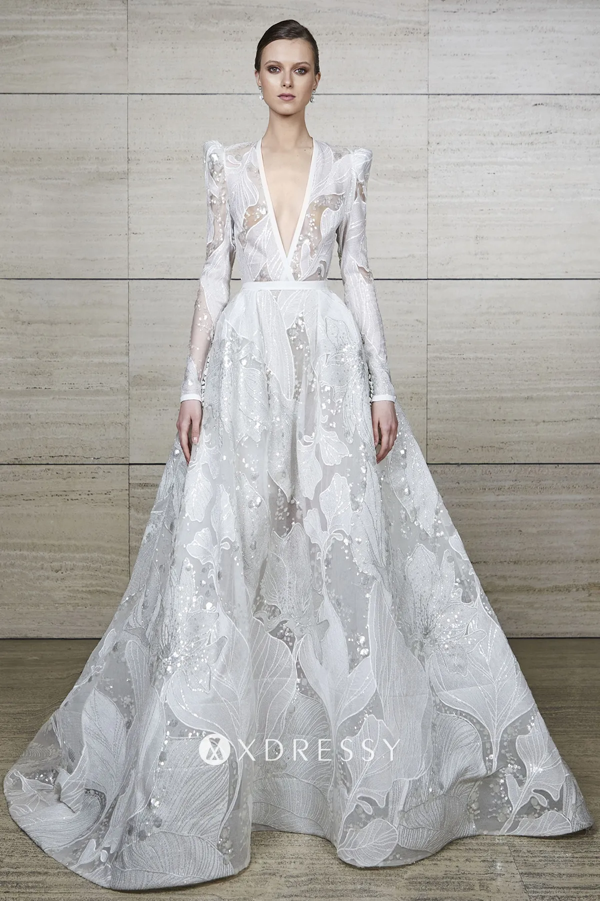 sequinned big flower lace plunging vintage wedding dress