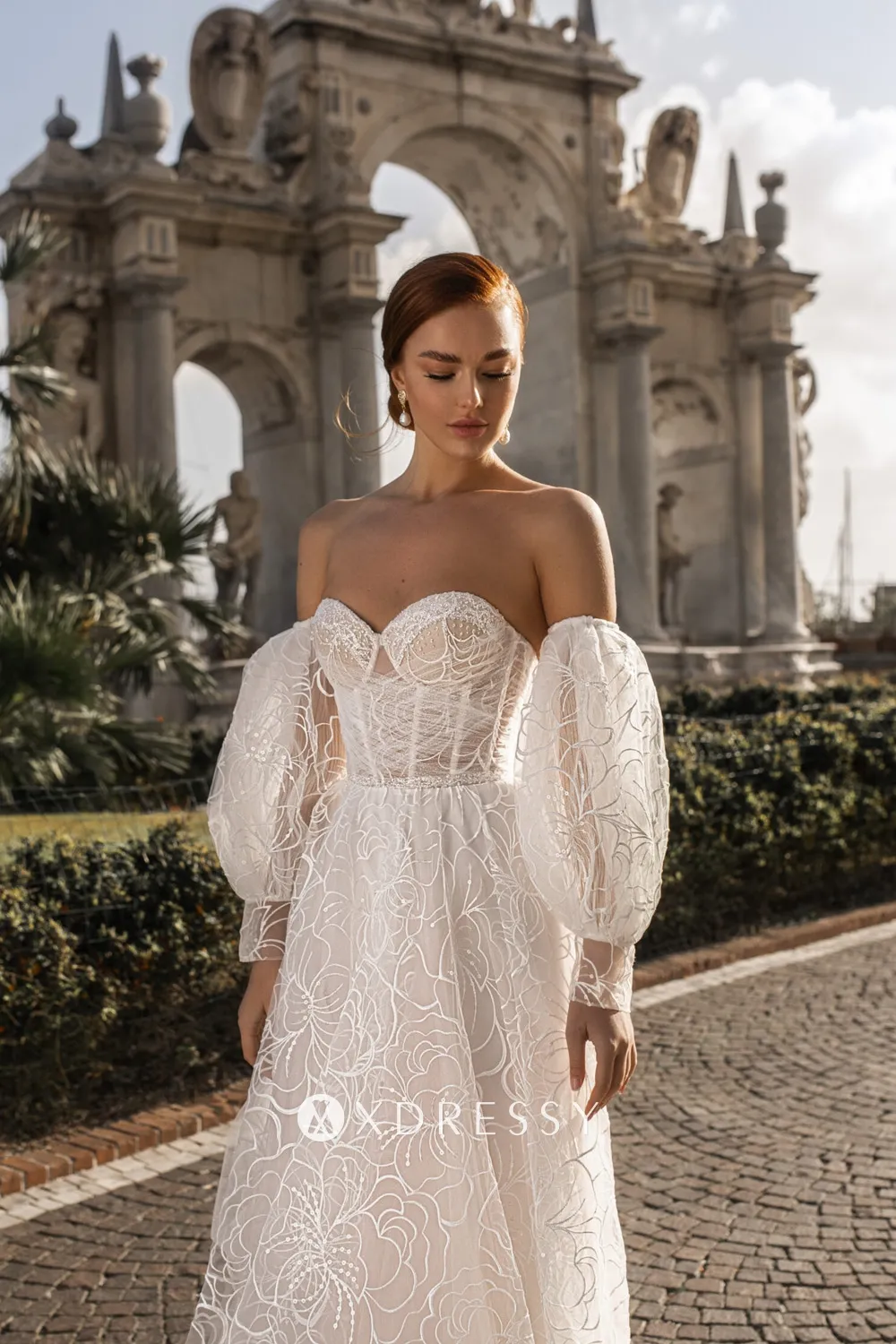 sequinned floral lace corset boho wedding dress