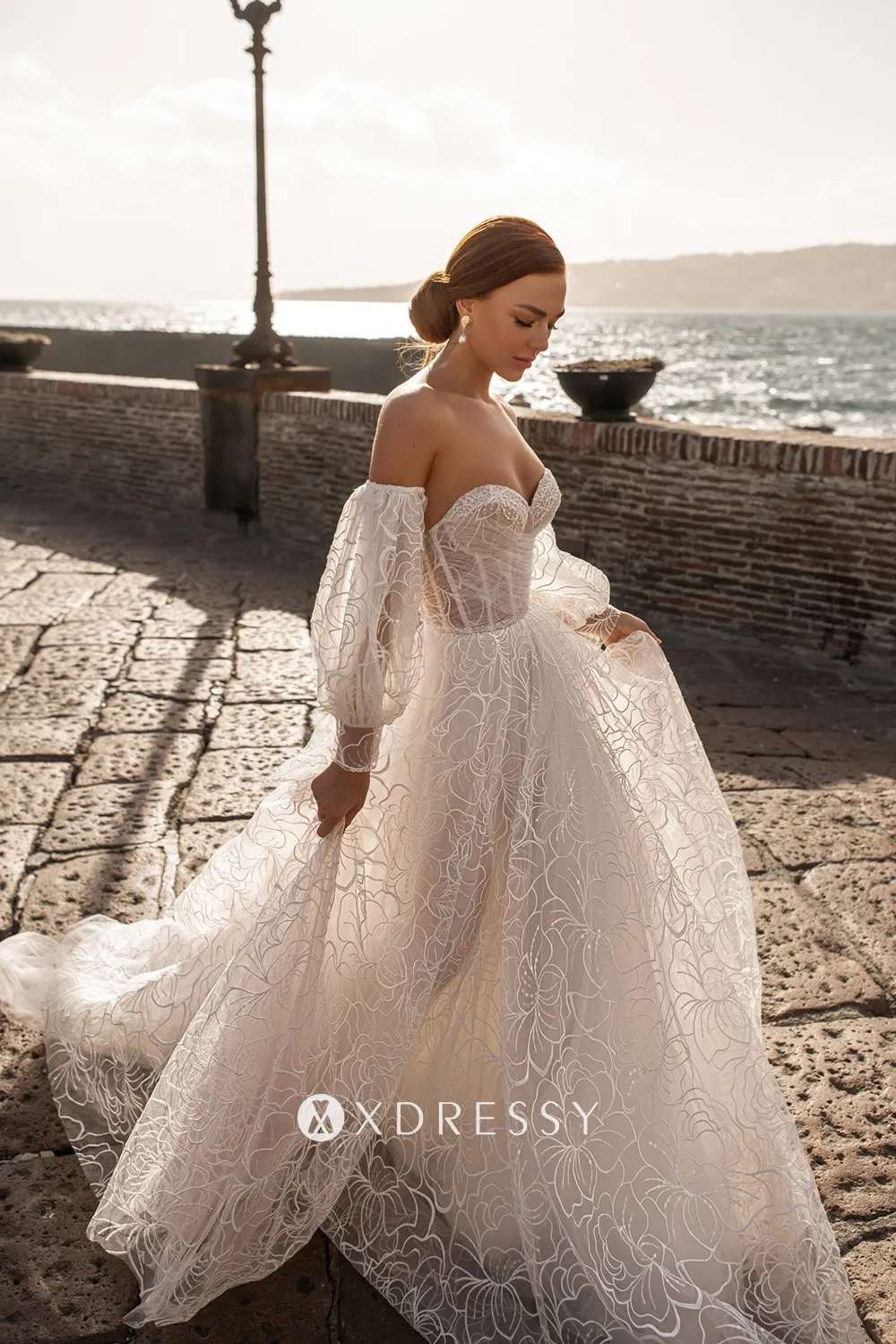sequinned flower lace puff sleeve beach bridal gown