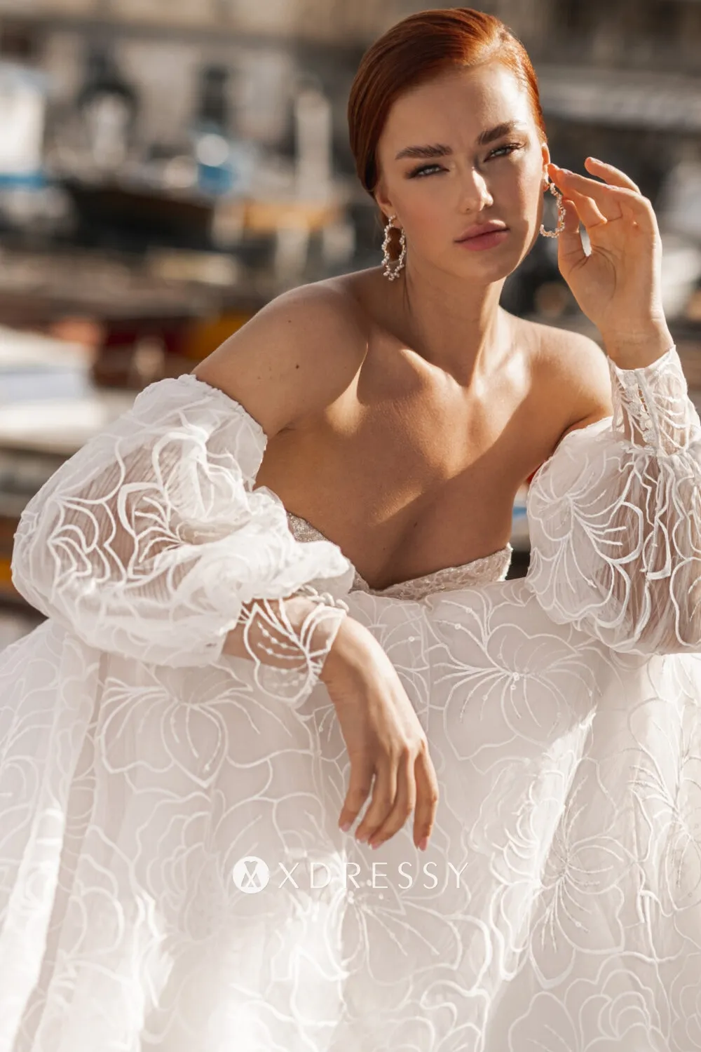sequinned flower lace puff sleeve destination wedding gown
