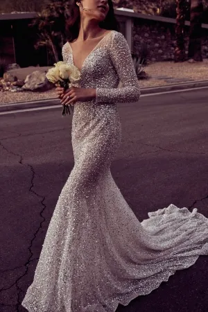 shining sequinned beading long sleeve wedding dress