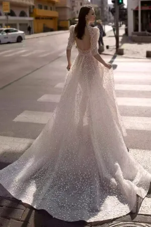 3d leaf sequinned lace open back garden wedding dress