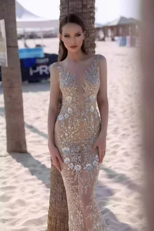 beaded sequinned floral lace mermaid wedding dress
