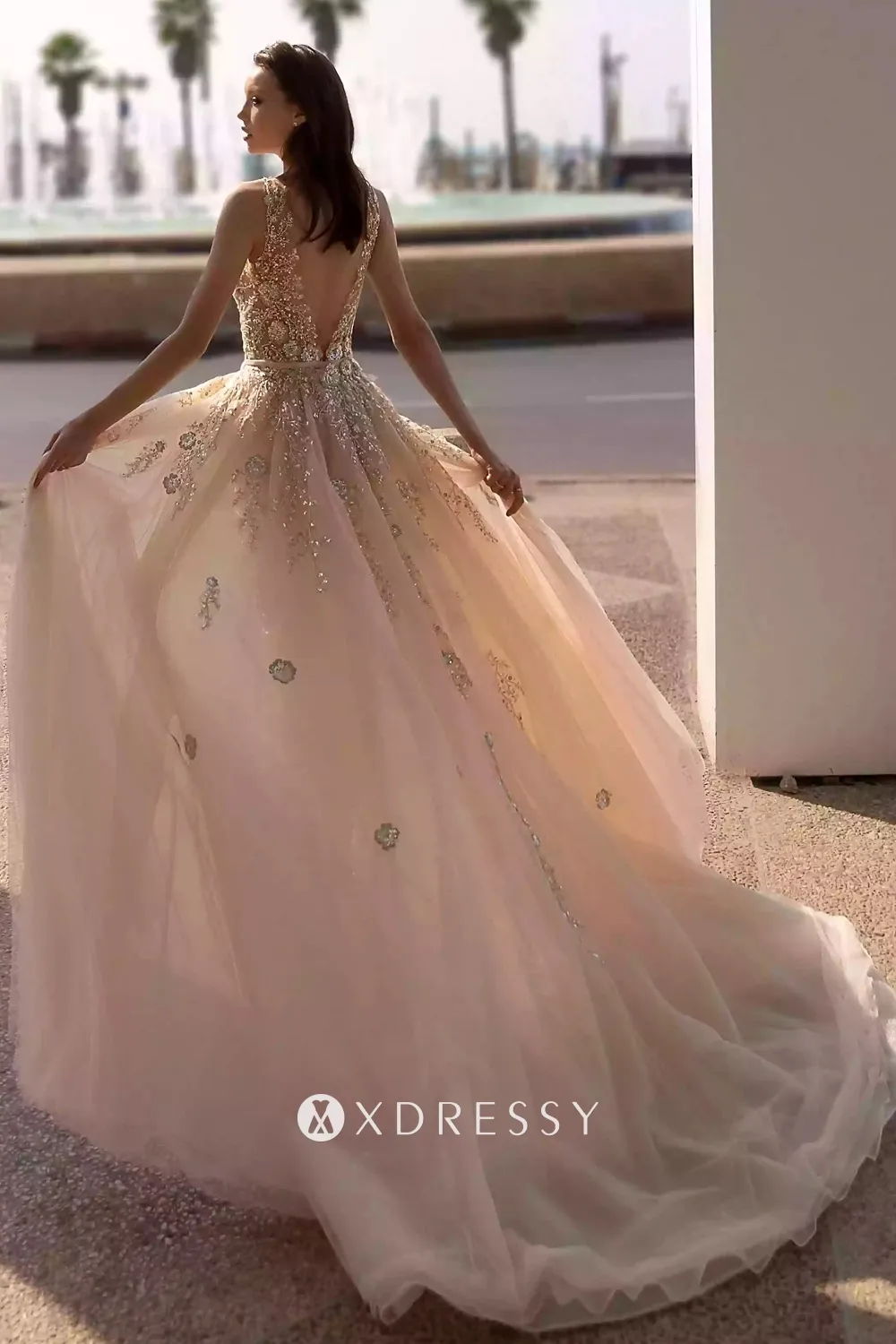 sequinned floral lace low v back wedding dress with overskirt sequinned floral lace low v back wedding dress with overskirt
