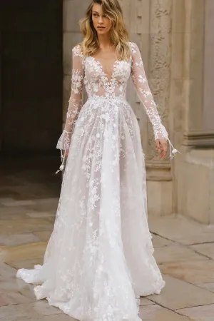 3d flower lace deep v neck long sleeve wedding dress