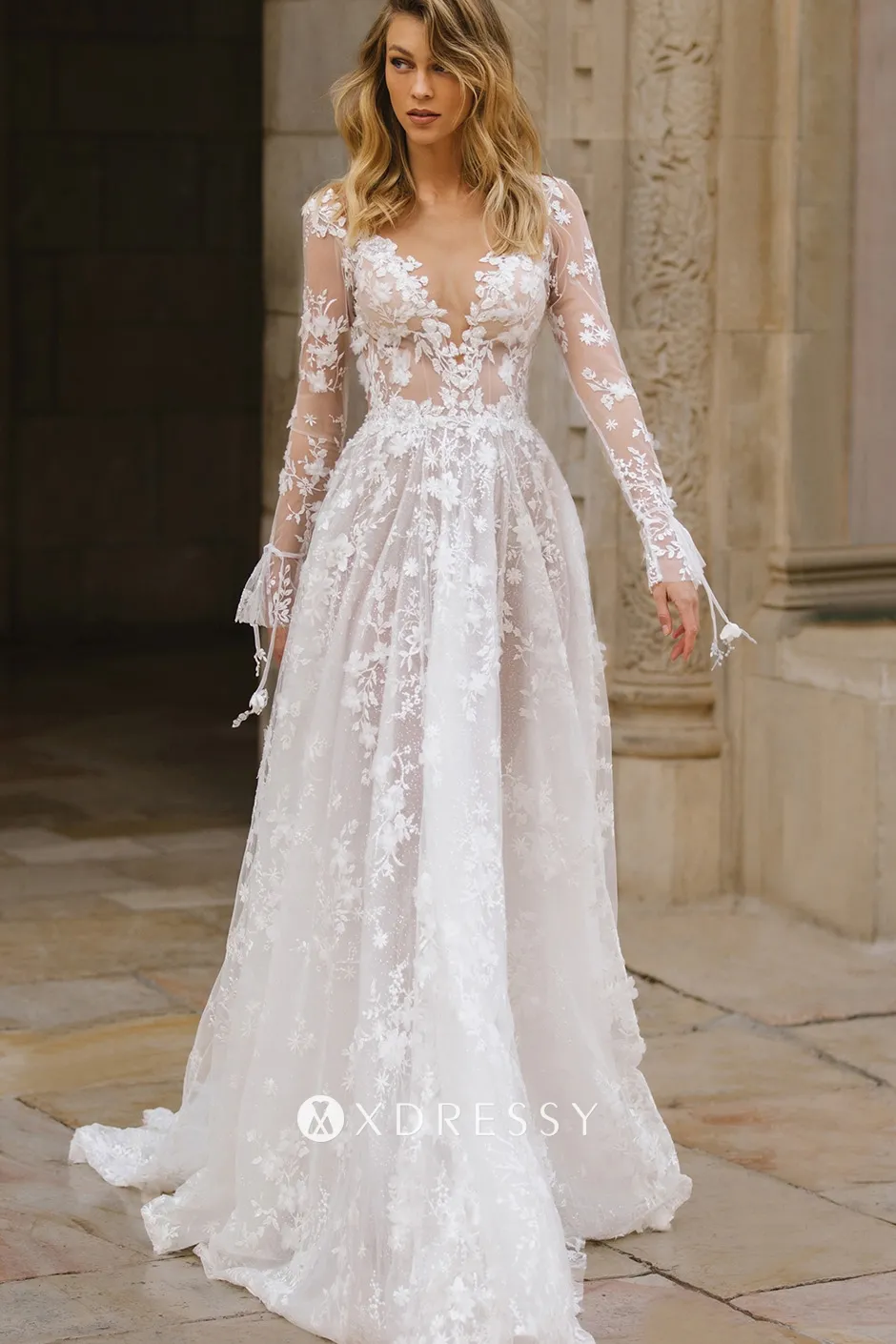 3d flower lace deep v neck long sleeve wedding dress 3d flower lace deep v neck long sleeve wedding dress