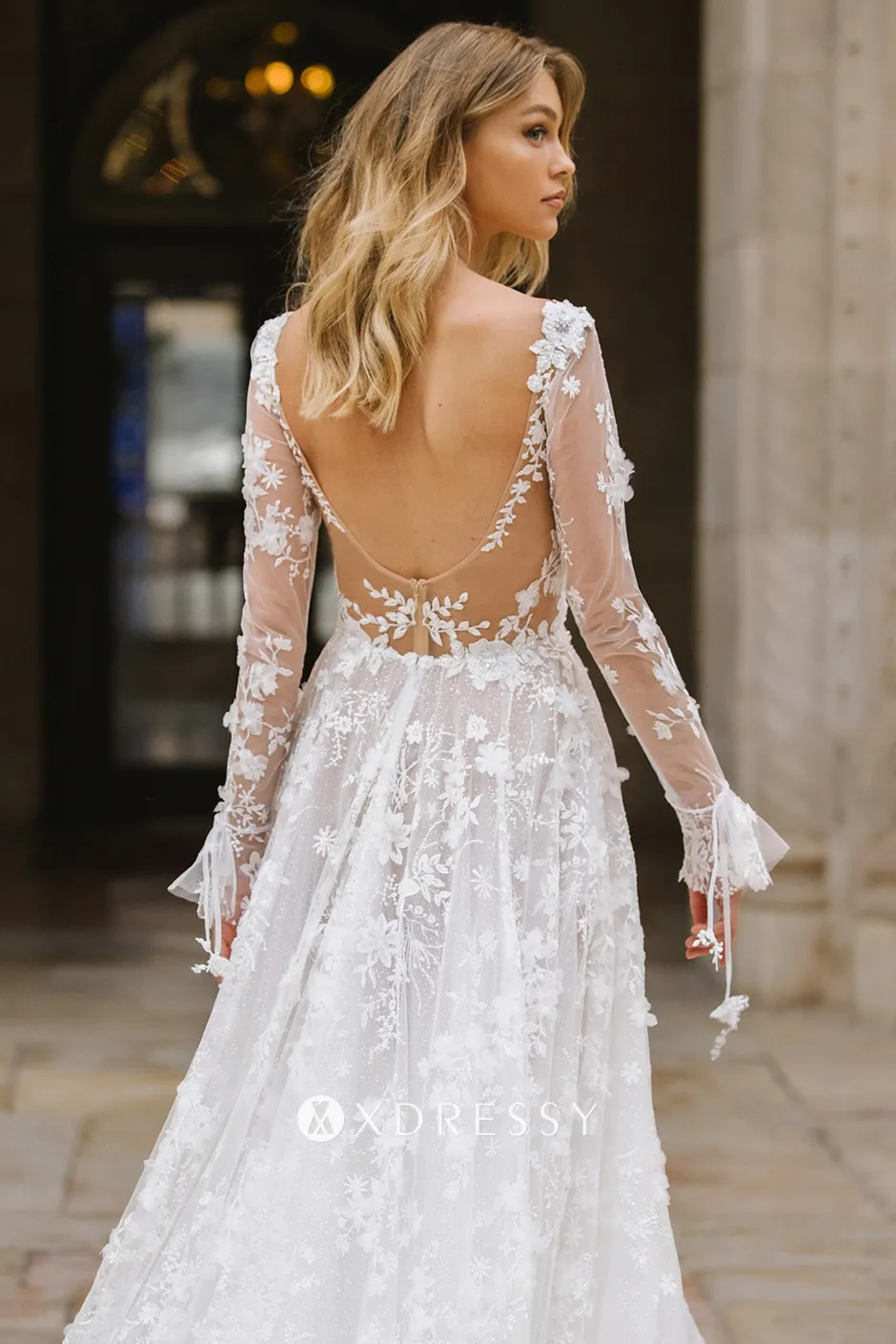 sexy low V back floral lace bridal gown sexy low V back floral lace bridal gown