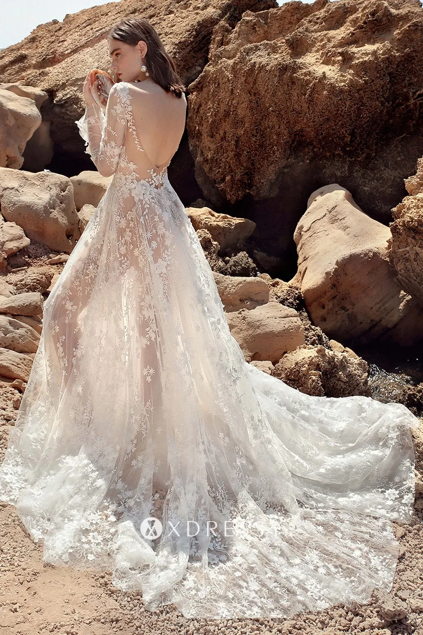 sheer flower lace low back beach wedding gown sheer flower lace low back beach wedding gown