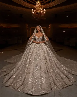 sparkly beaded 3d flower leaf lace princess wedding dress