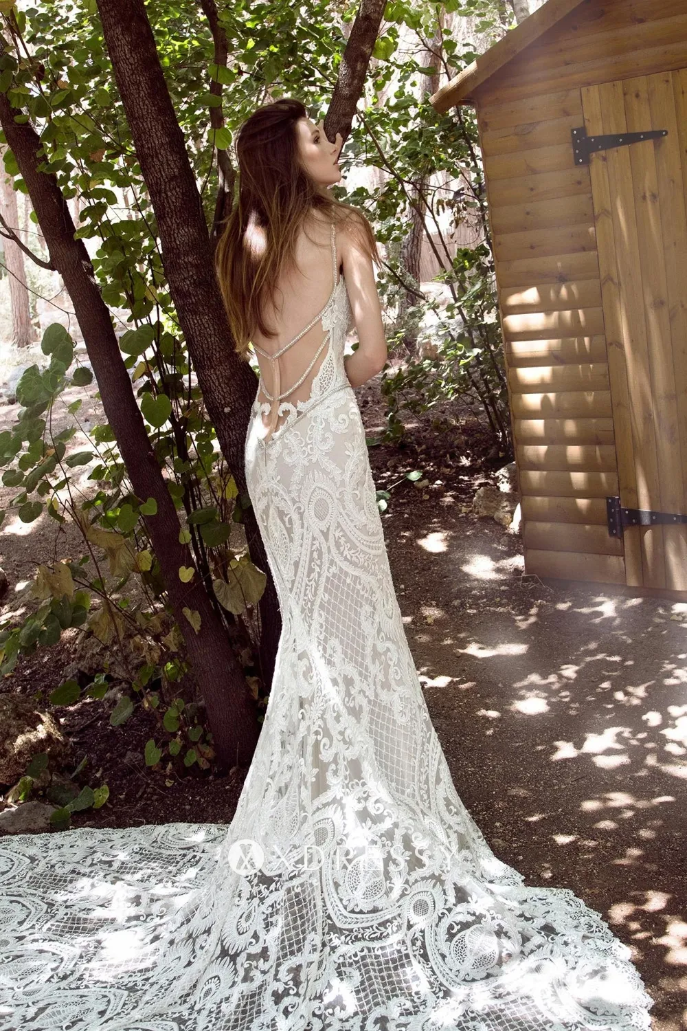 crystals low v back abstract lace destination wedding dress