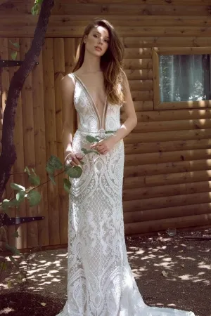 crystals plunging neck abstract lace sexy wedding gown