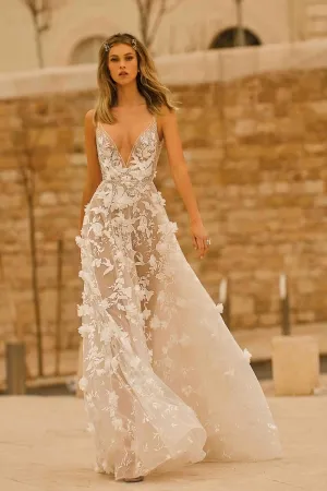 sheer 3d floral lace plunging neck a line wedding dress