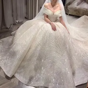 luxury wave sequined lace off shoulder ball gown wedding dress