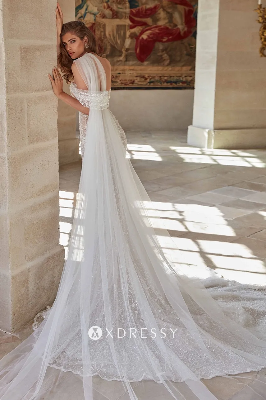 beaded floral lace mermaid caped wedding dress