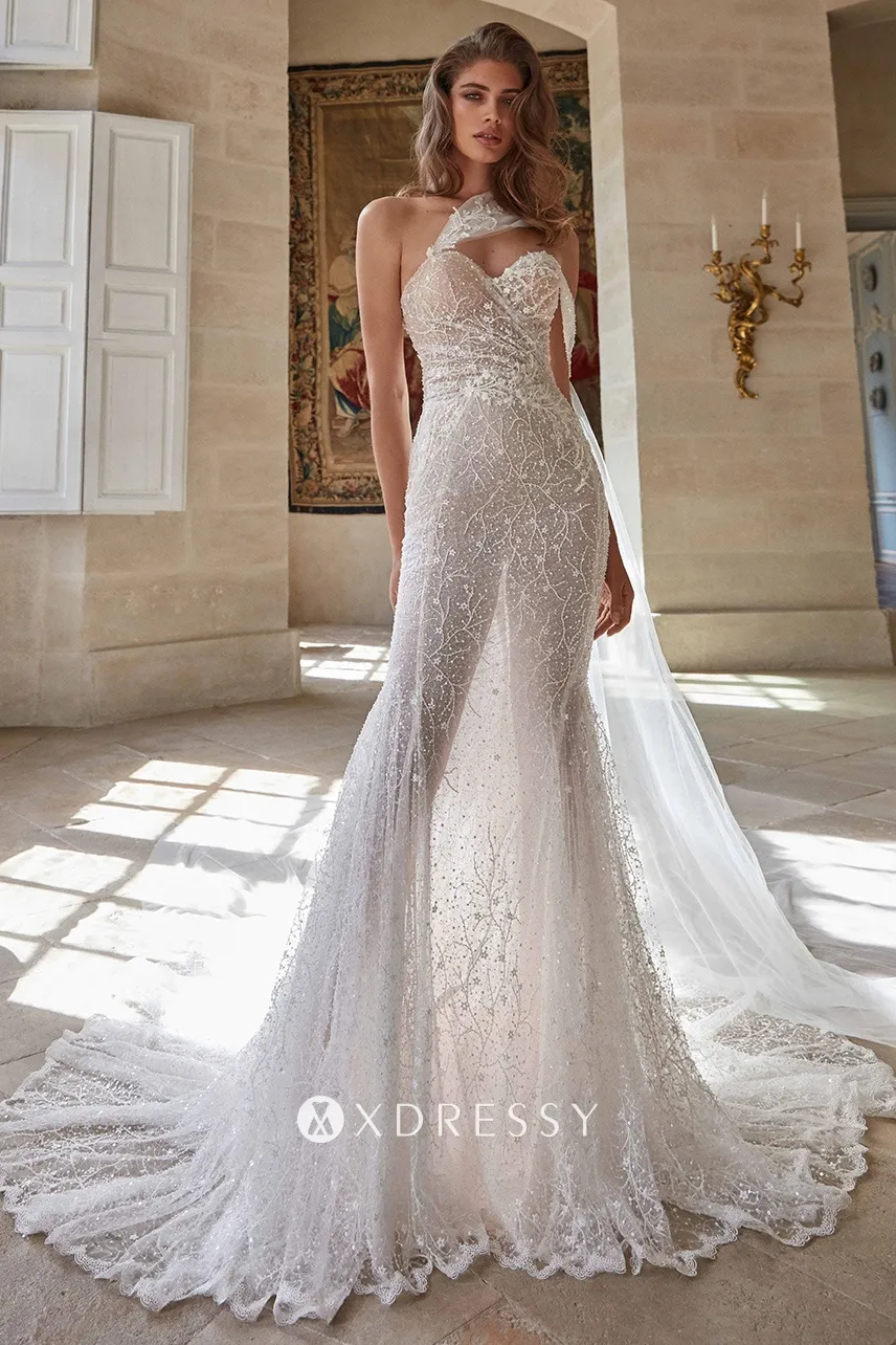 designer beaded floral lace mermaid caped wedding dress