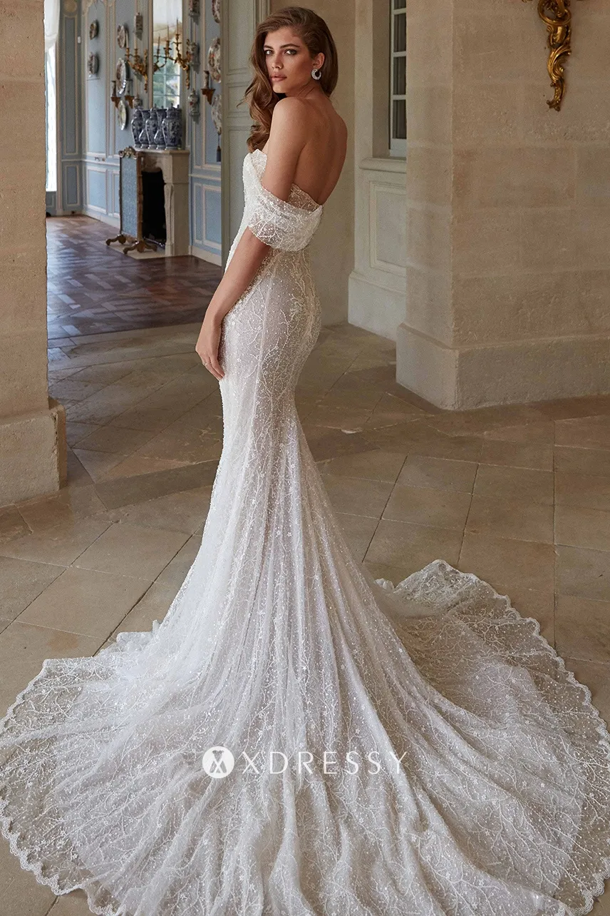 sparkly beaded floral lace mermaid chapel train wedding dress