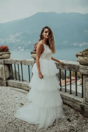 romantic ivory tiered tulle destination wedding gown