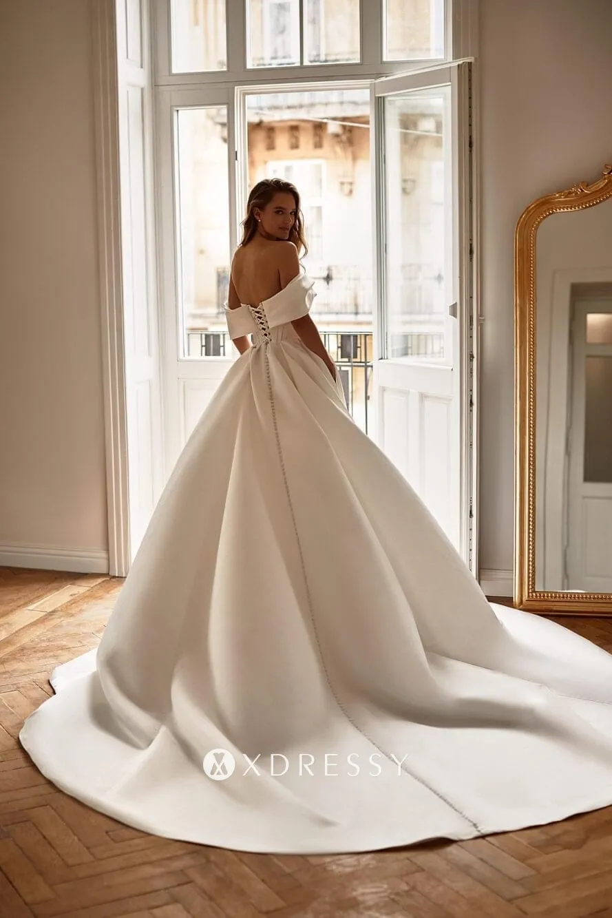 off shoulder ivory draped satin wedding dress with long train off shoulder ivory draped satin wedding dress with long train