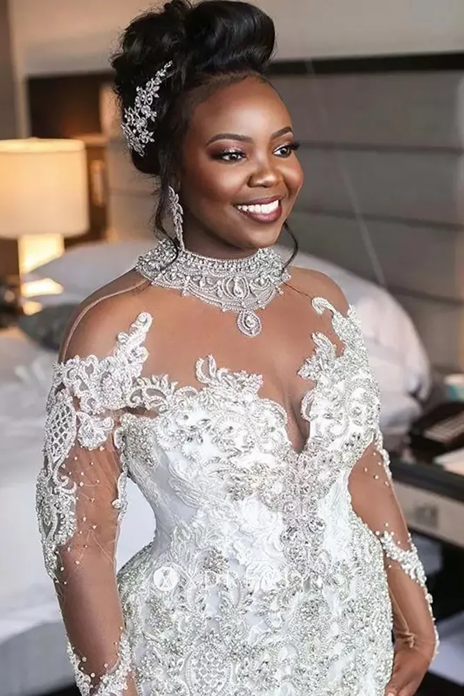 beaded high neck long sleeve African American wedding gown