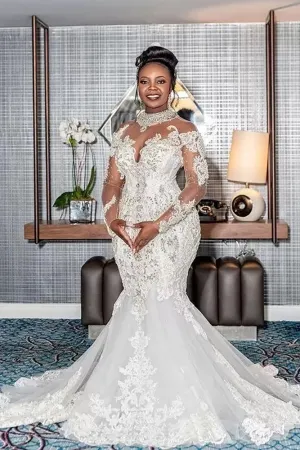 luxury sheer neck beaded long sleeve mermaid wedding gown