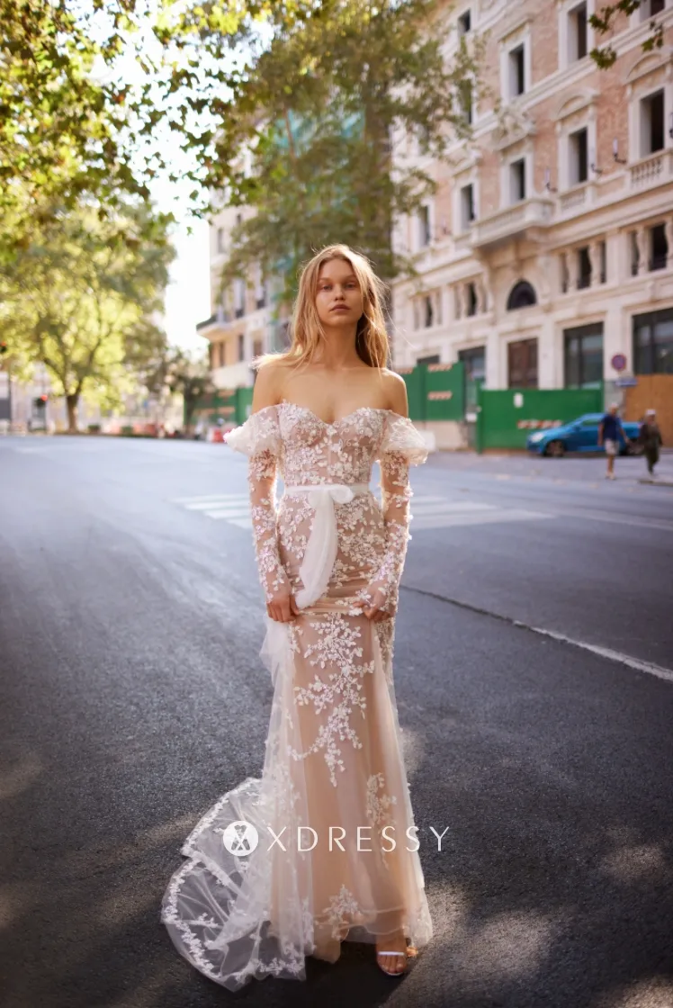 off shoulder nude tulle floral lace dreamy bridal dress