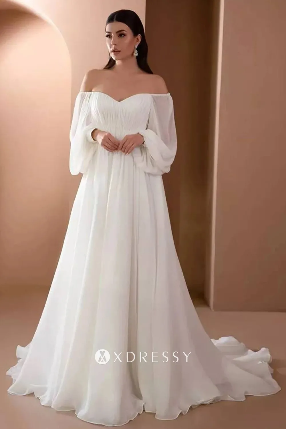 off shoulder puffy sleeve flowy chiffon wedding dress off shoulder puffy sleeve flowy chiffon wedding dress