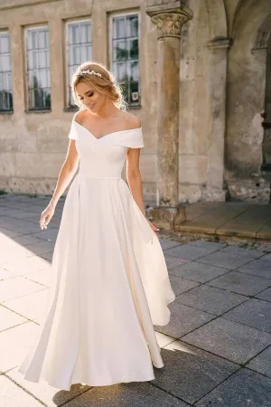 simple off the shoulder ivory satin a line bridal dress