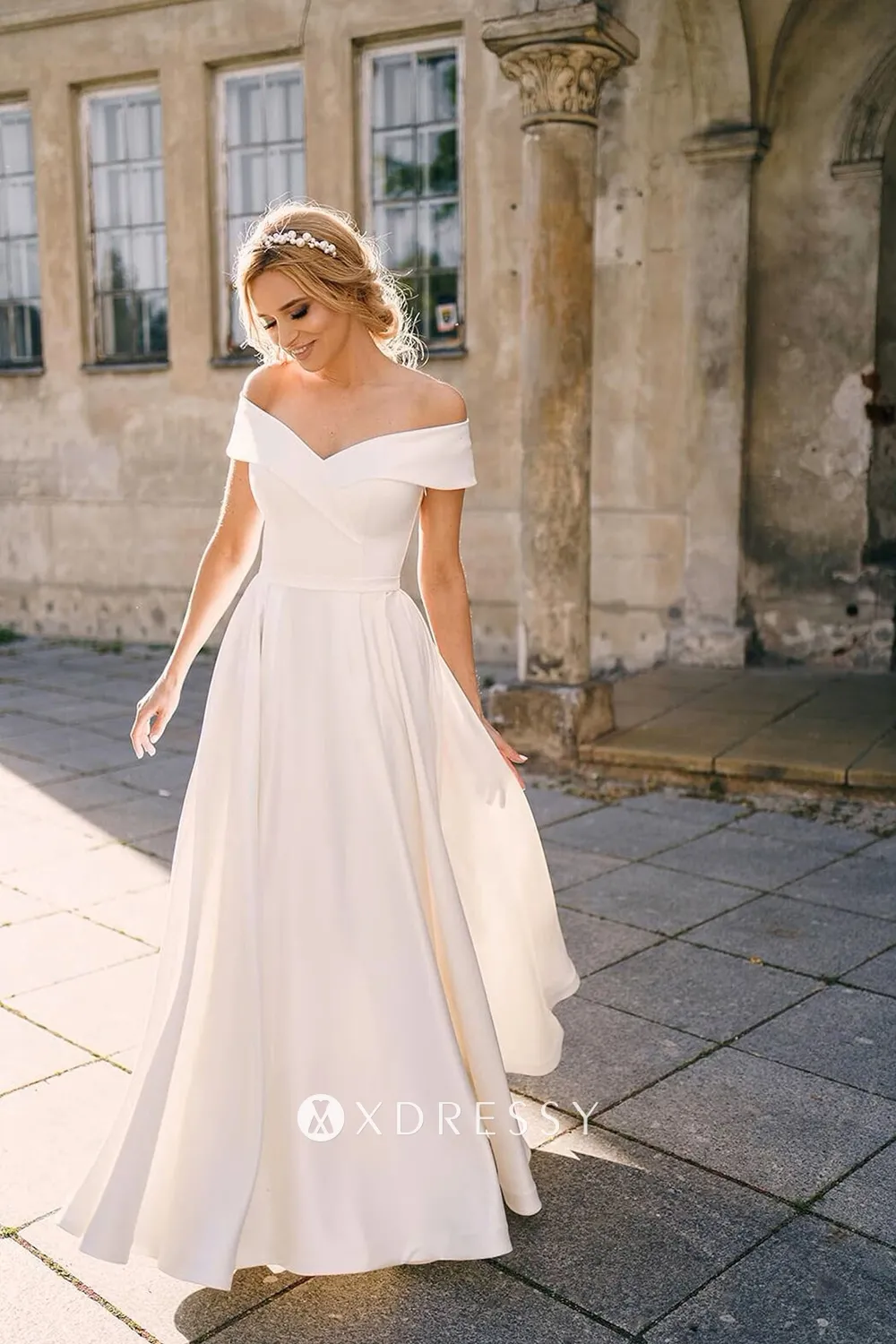 simple off the shoulder ivory satin a line bridal dress simple off the shoulder ivory satin a line bridal dress