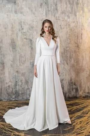 beaded deep v neck long sleeve satin modern bridal gown
