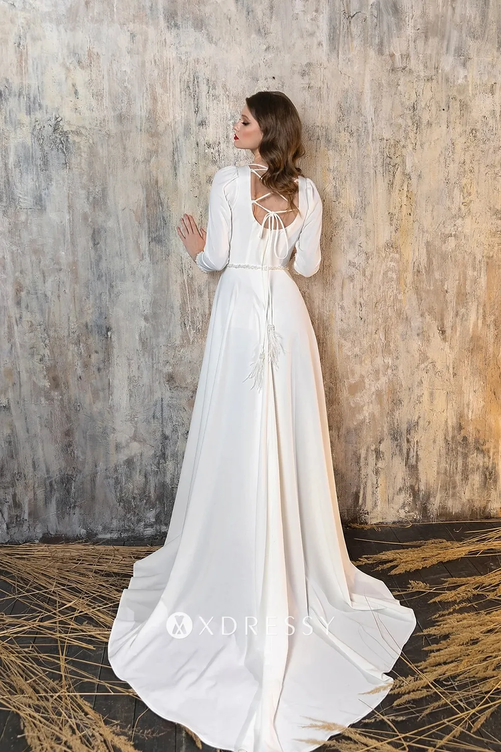long sleeve ivory satin lace up back bridal dress long sleeve ivory satin lace up back bridal dress