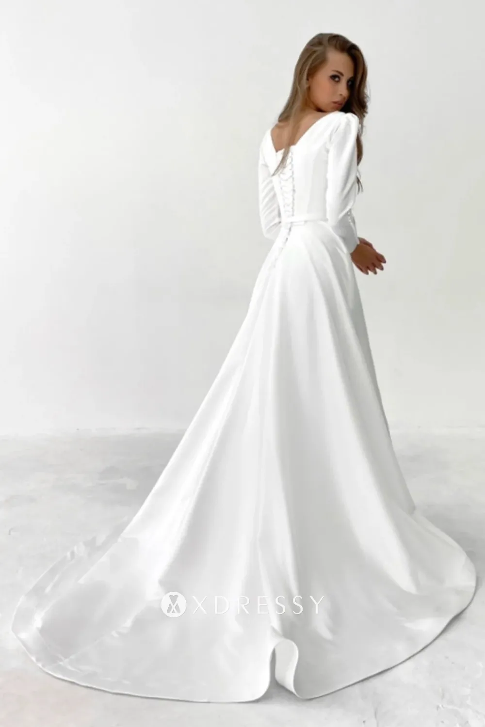 elegant lace up back ivory satin fall wedding dress
