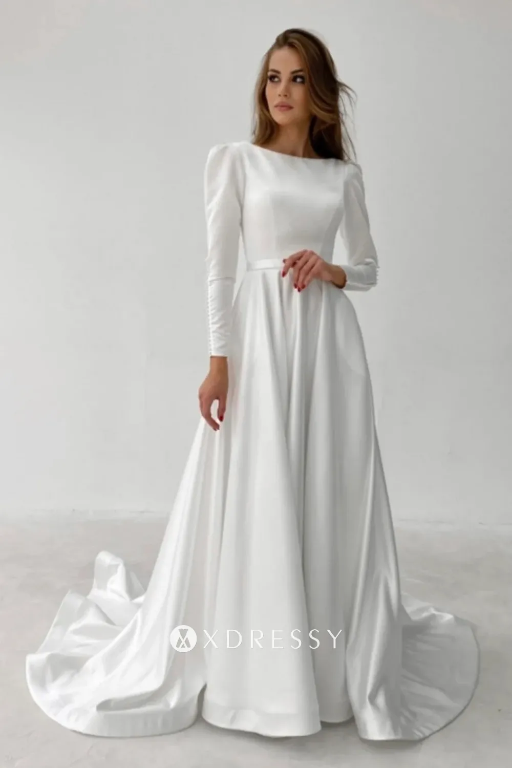 long sleeve ivory satin a line minimalist wedding dress