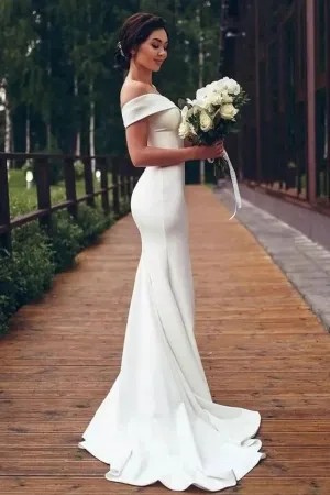 sleek satin off shoulder mermaid outdoor wedding dress
