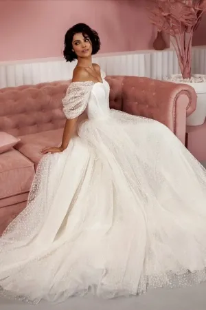 off shoulder polka dot tulle corset puffy wedding gown